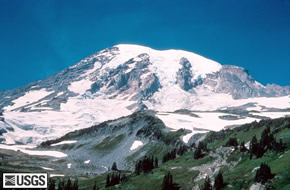 Mt Rainier in Washington State lies within Mt Rainier National Park and is part of the volcanic cascades range. USGS